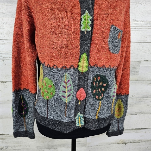 VTG In Stitches Wool Blend Cardigan Sweater Sz Medium Orange Embroidered Whimsy - Picture 12 of 15